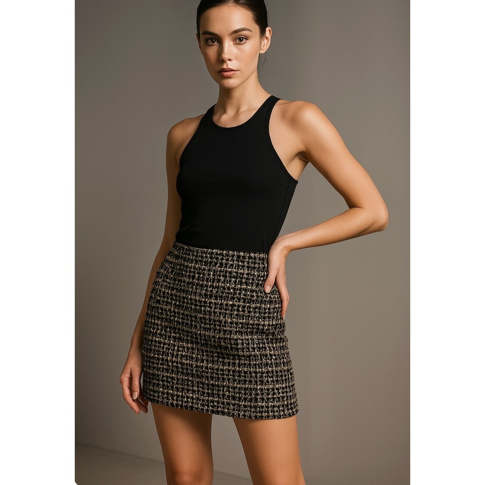 J.Crew Tweed Mini Skirt Black White Gold Textured Career Party Cute size 8